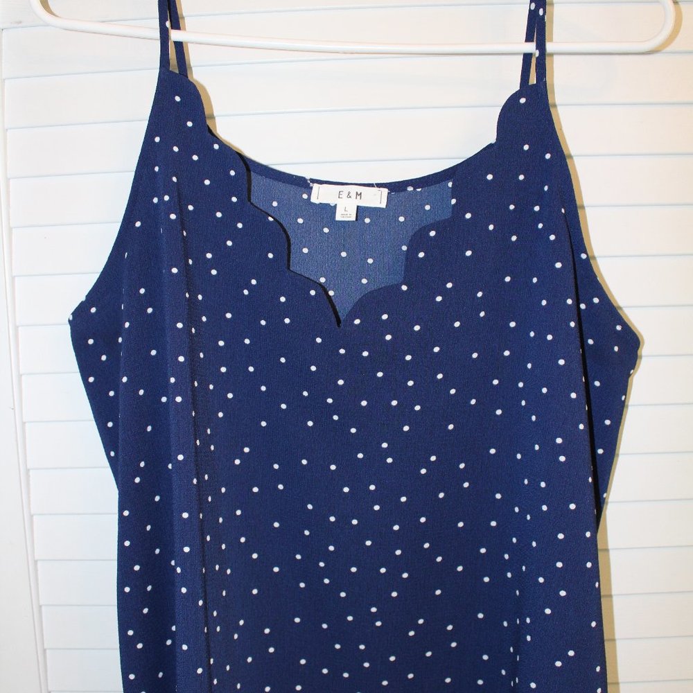 E & M Large Navy Blue Polka Dot Cami with Scallop Neckline